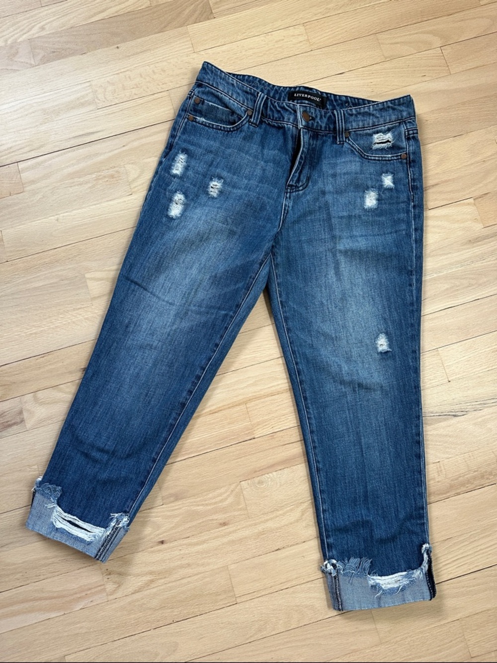 Liverpool Distressed Cropped Jeans - Dark Blue